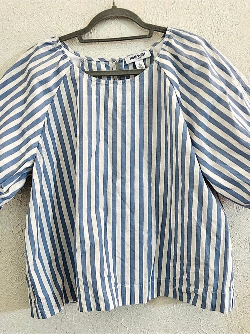 Nine West Striped Puff Sleeve Blouse in Blue & White Size XL